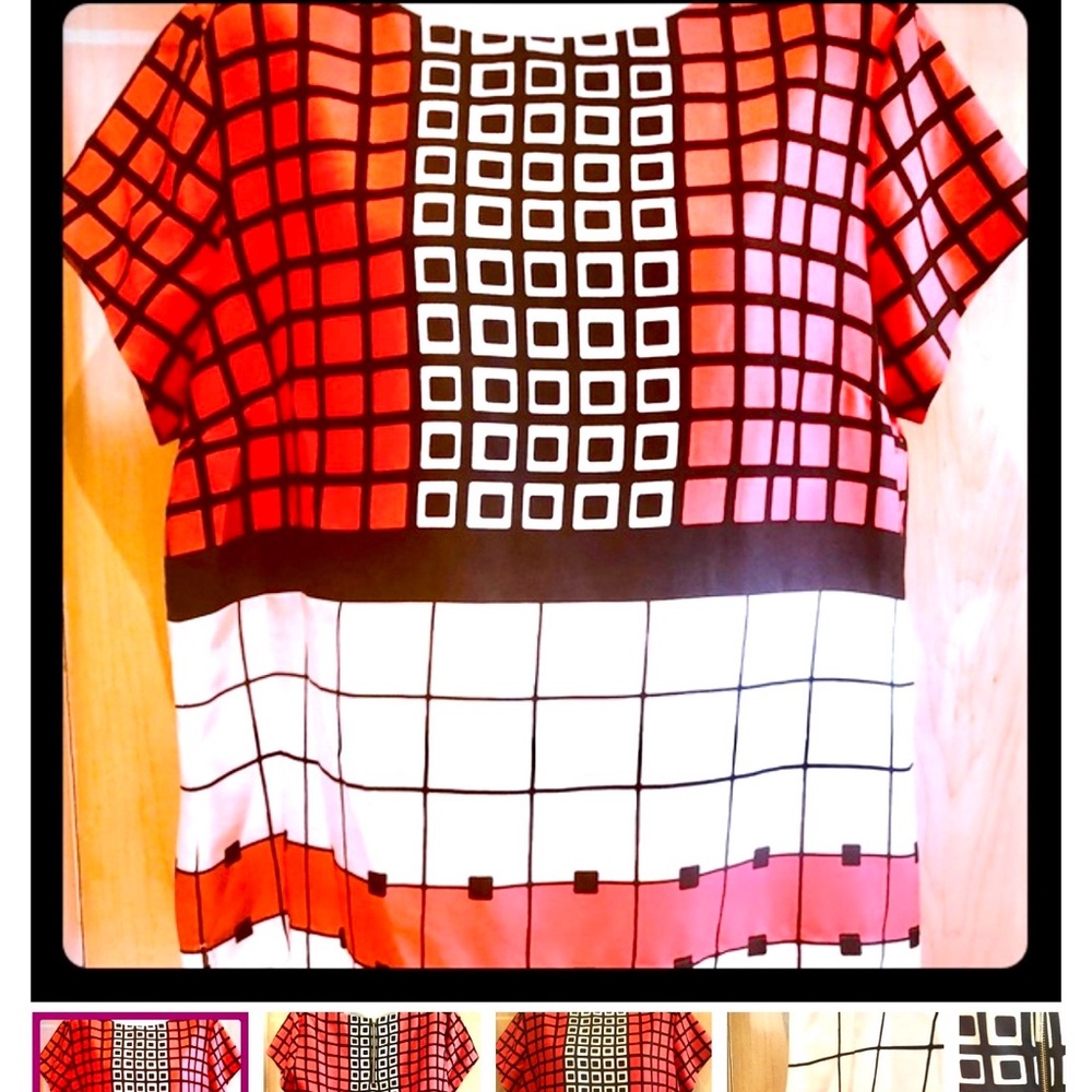 Anne Klein weekend collection. Red/Black/White funkyS/S Top, boxy fit. Side slit